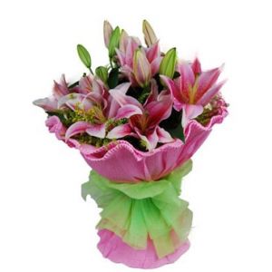 send pink lilies in a bouquet to japan