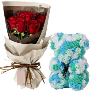 Eight Roses Bouquet with Lovely Bear Delivery Japan