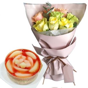 Valentines Gifts Okinawa - 8 Mix Roses & White Peach Cheesecake