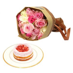 Flower with Cake Delivery Japan - 12 Pink Roses & Strawberry Cake