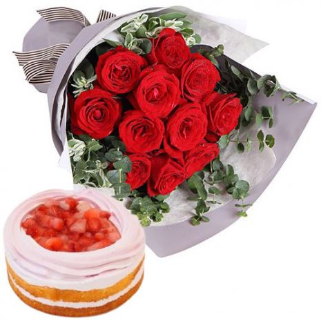 Flower with Cake Japan - Tewlve Red Roses & Strawberry Cake